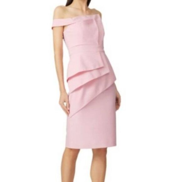 BLACK HALO La Reina Off The Shoulder Sheath Dress  in pink Size 8 - Picture 1 of 6